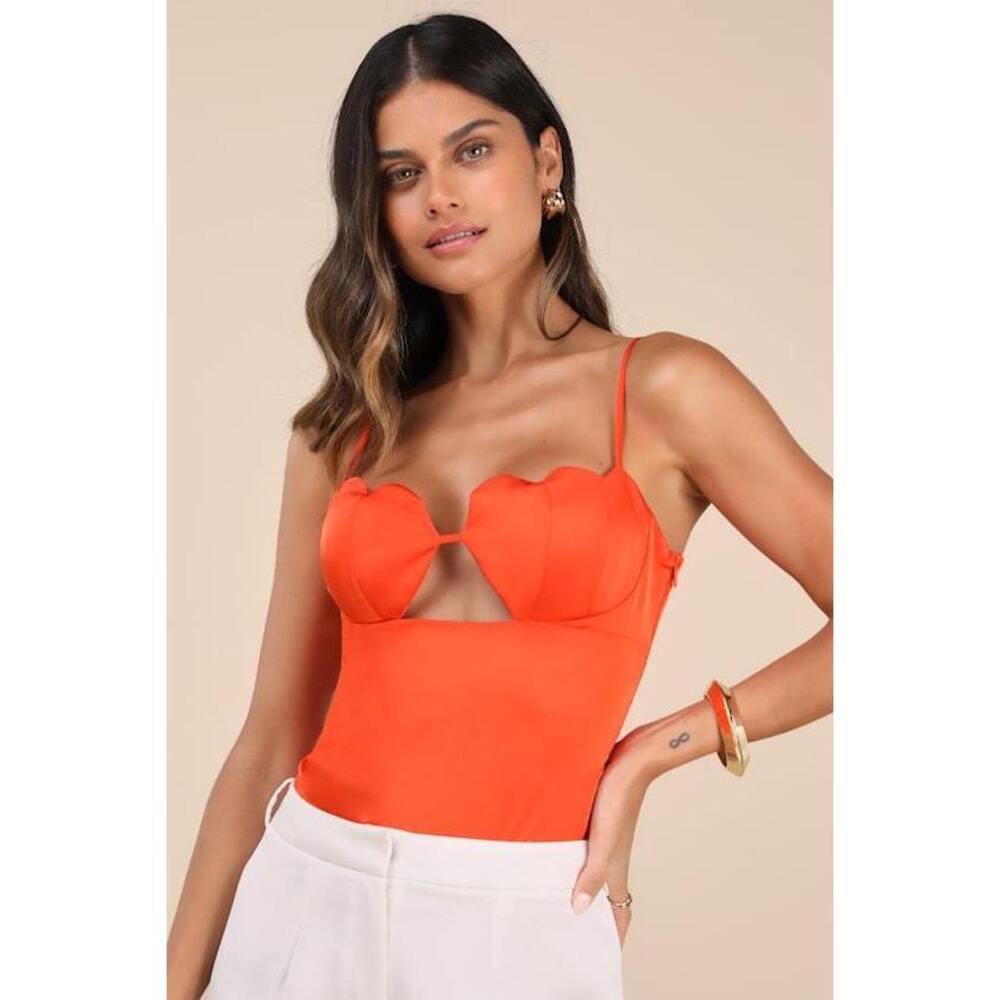 Lulus Niley Bright Orange Seashell Bustier Bodysuit - Size S